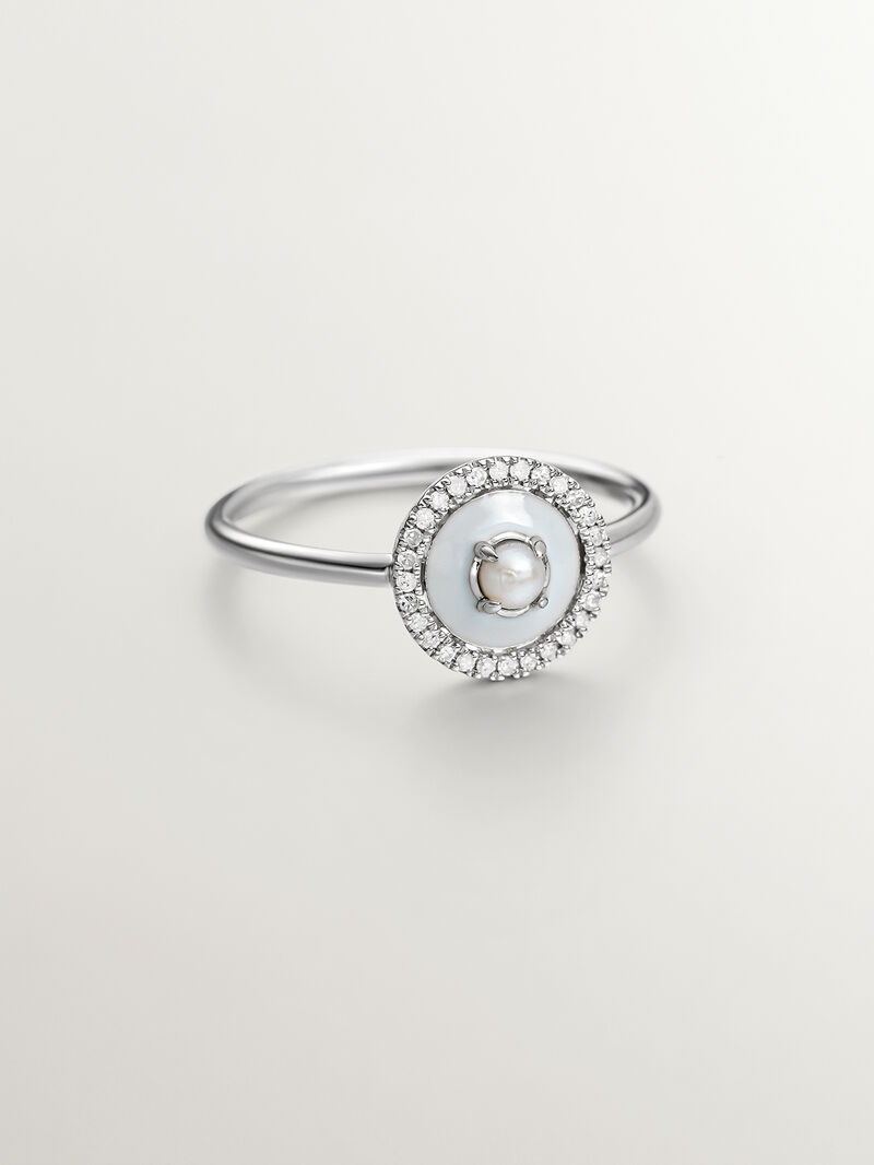 925 silver ring and 18K white gold with white pearl, white diamonds and gray enamel image number 2