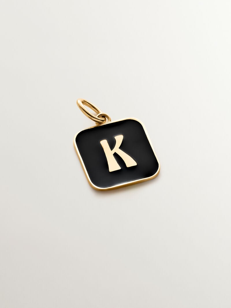 18K yellow gold plated sterling silver 925 charm with black enamel initial K and square shaped enamel image number 0