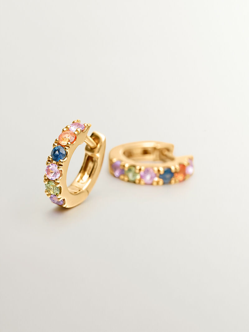 Small hoop earrings made of 925 silver coated in 18K yellow gold with multicolor sapphires. image number 3