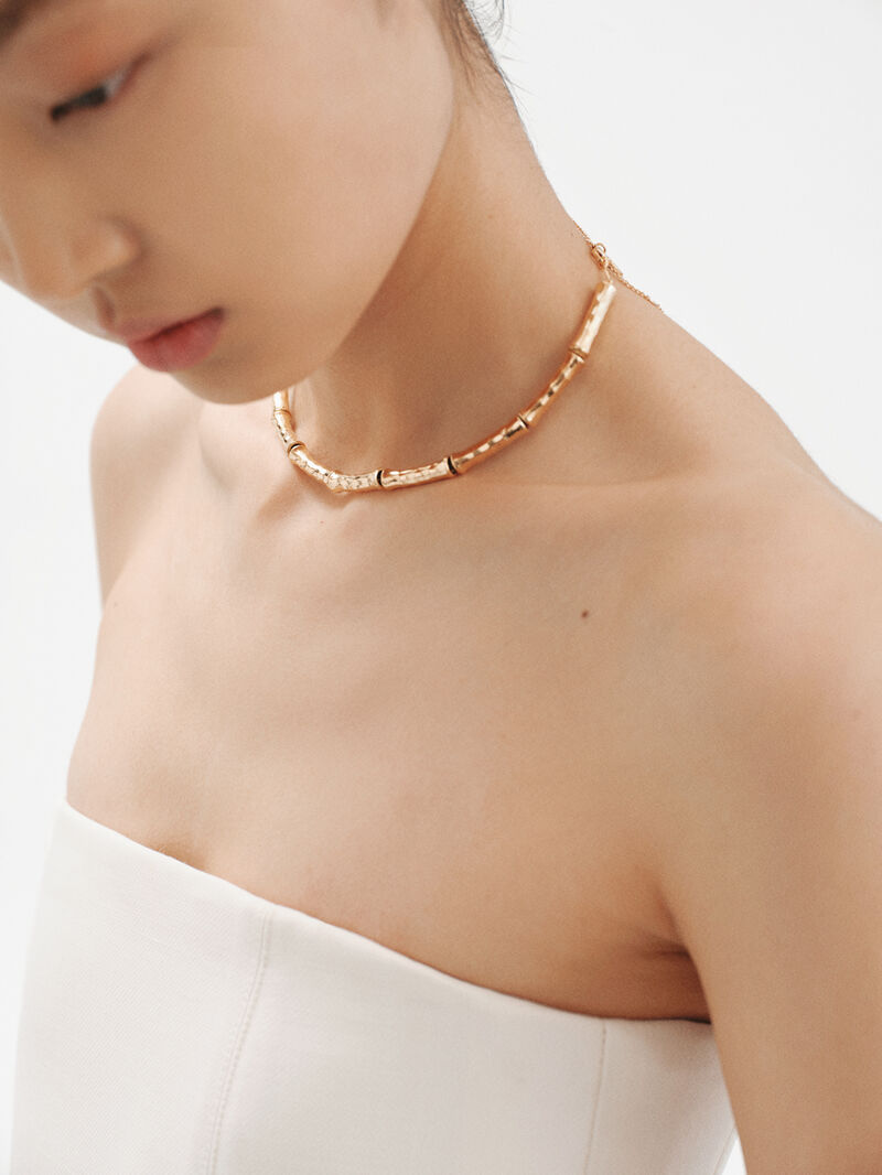 925 Silver necklace bathed in 18K yellow gold with bamboo texture image number 1