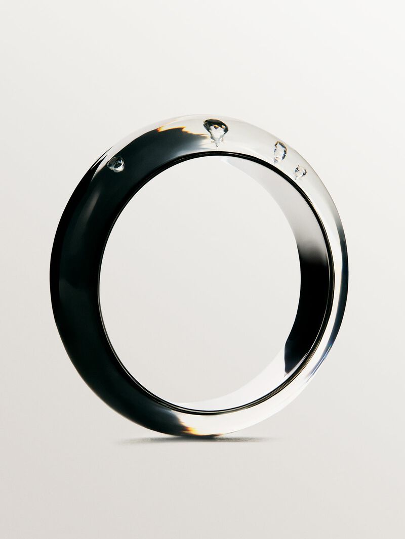 Rigid 925 silver bracelet with black enamel and zircons suspended in resin image number 4