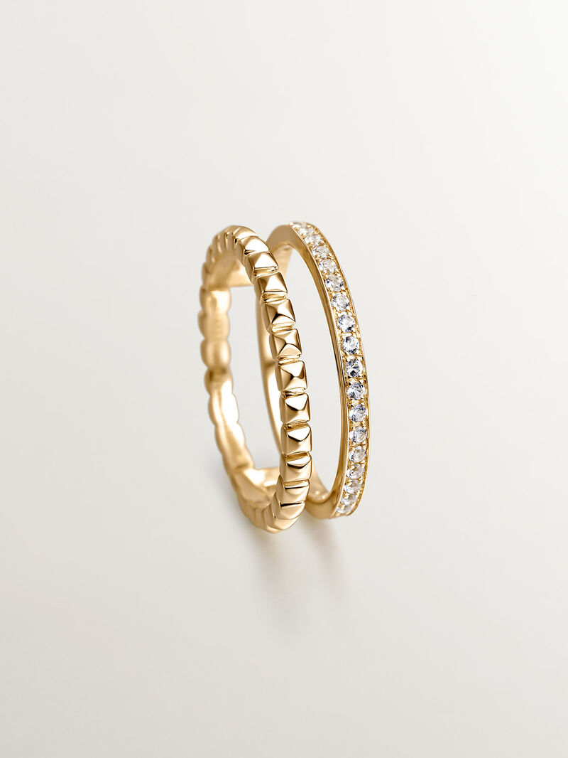 925 Silver double ring bathed in 18K yellow gold with relief and white topaz. image number 4