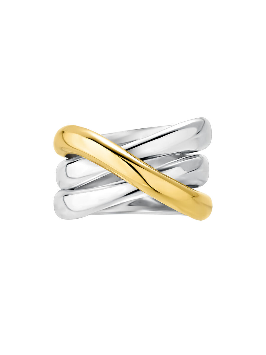 Wide two-colour triple crossover silver ring, J05228-09, hi-res