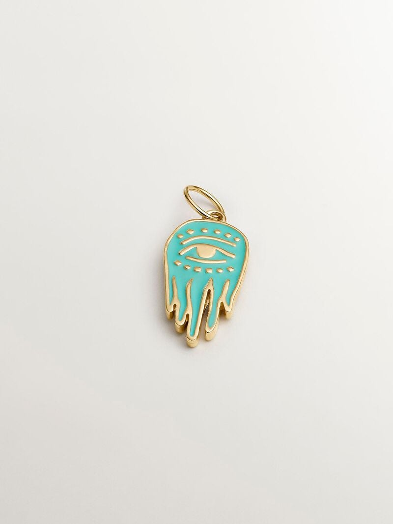 925 Silver charm bathed in 18K yellow gold with turquoise enamel and Hand of Fatima. image number 0