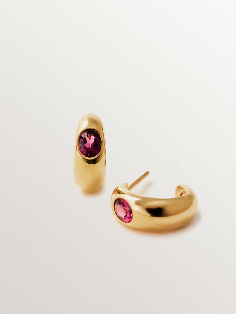 18K yellow gold plated 925 silver hoop earrings with 2 red rhodolites image number 2