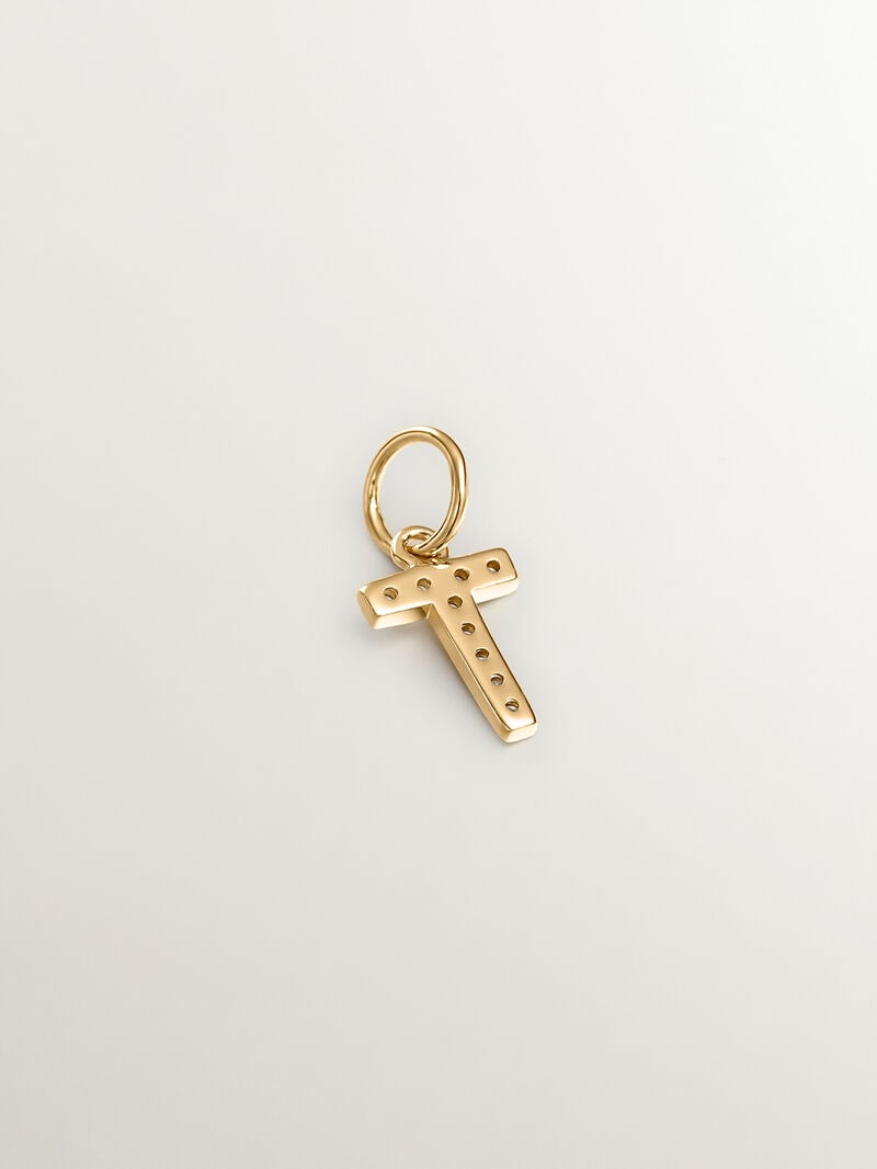 925 Silver Charm Plated in 18K Yellow Gold and White Topaz Initial T image number 1