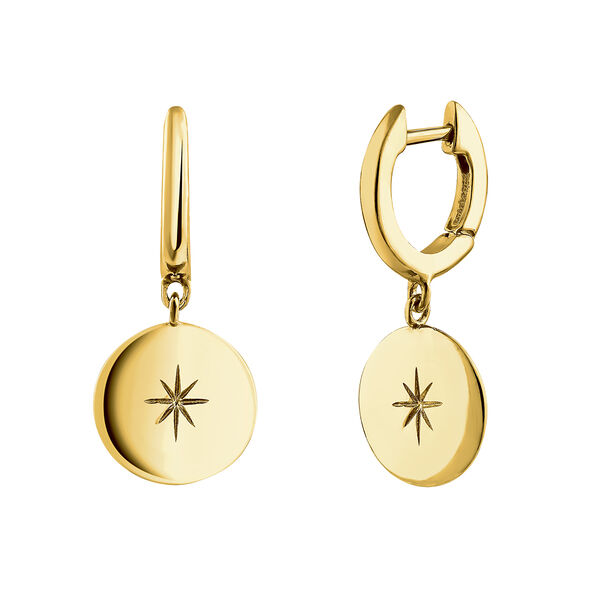Gold plated star round motif hoop earrings, J04606-02,hi-res