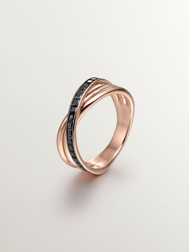 925 Silver double ring bathed in 18K rose gold with black spinels. image number 2