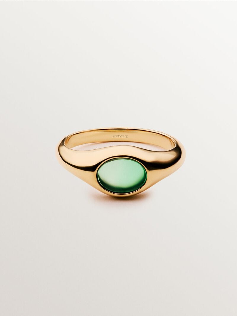 Signet style ring in 18K yellow gold plated 925 silver with central green onyx. image number 2
