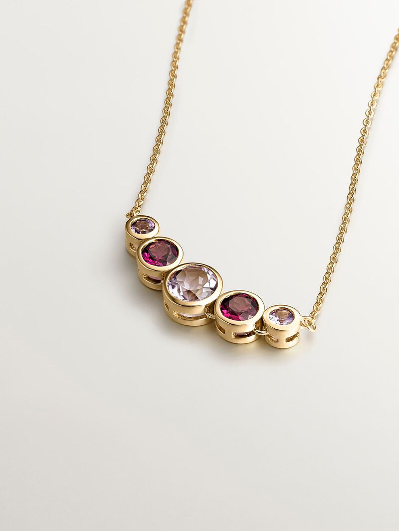 925 Silver pendant bathed in 18K yellow gold with pink rhodolites and purple amethysts. image number 2
