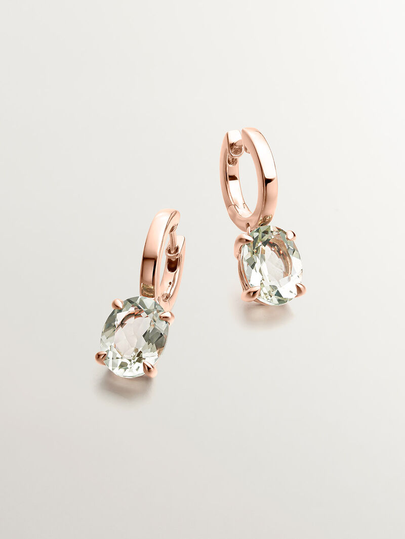 Medium-sized 925 silver hoop earrings bathed in 18K rose gold with green quartz. image number 2