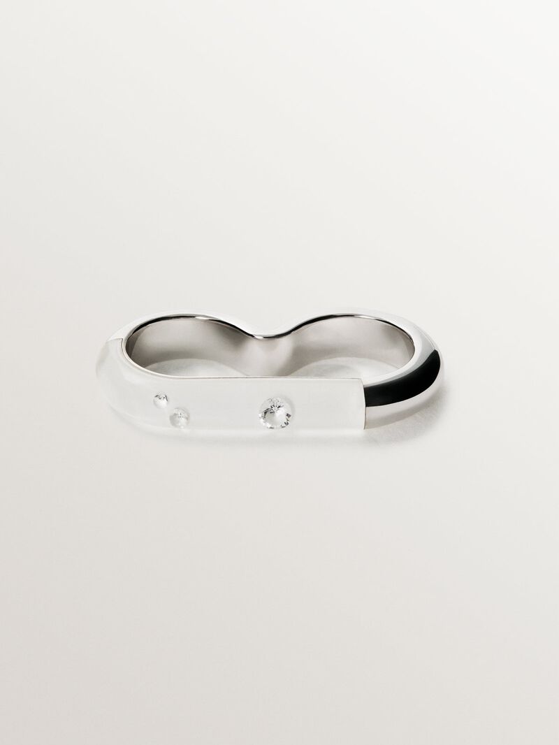 Double 925 silver ring with white enamel and zircons suspended in resin image number 2