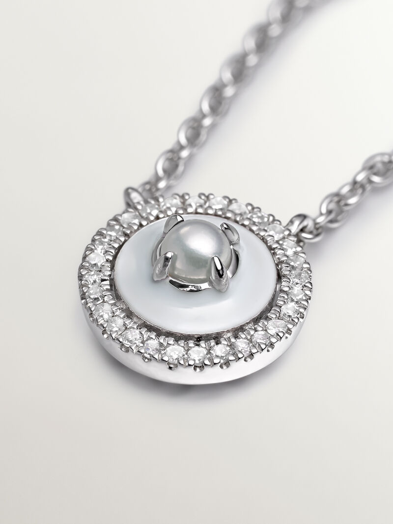 925 silver pendant and 18K white gold with white pearls, white diamonds and gray enamel image number 7