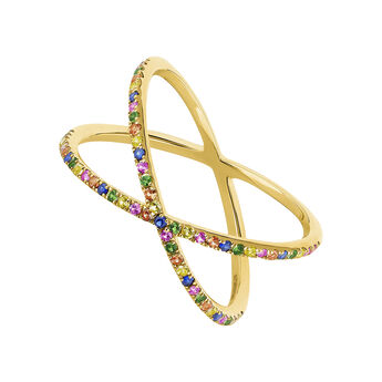 9kt yellow gold cross ring with multicoloured stones, J04800-02-MULTI,hi-res