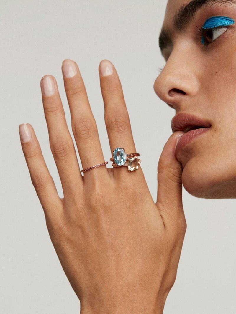 925 Silver ring bathed in 18K rose gold with green quartz and white topaz. image number 5