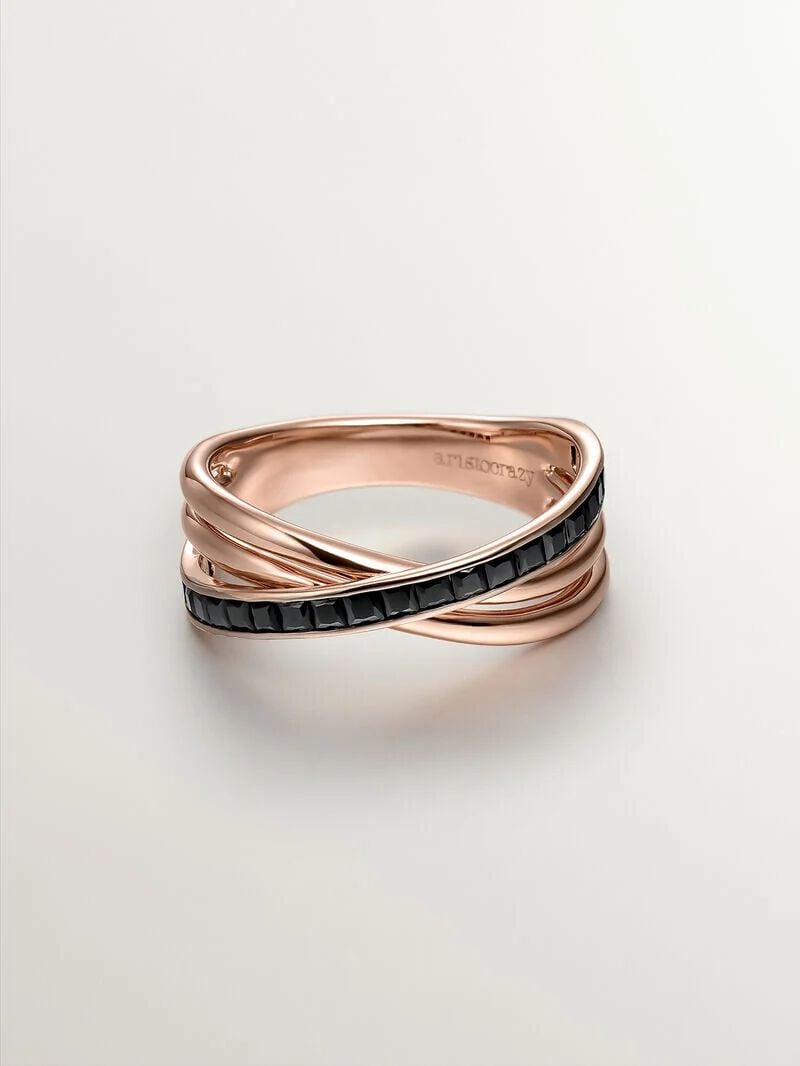 925 Silver double ring bathed in 18K rose gold with black spinels. image number 3