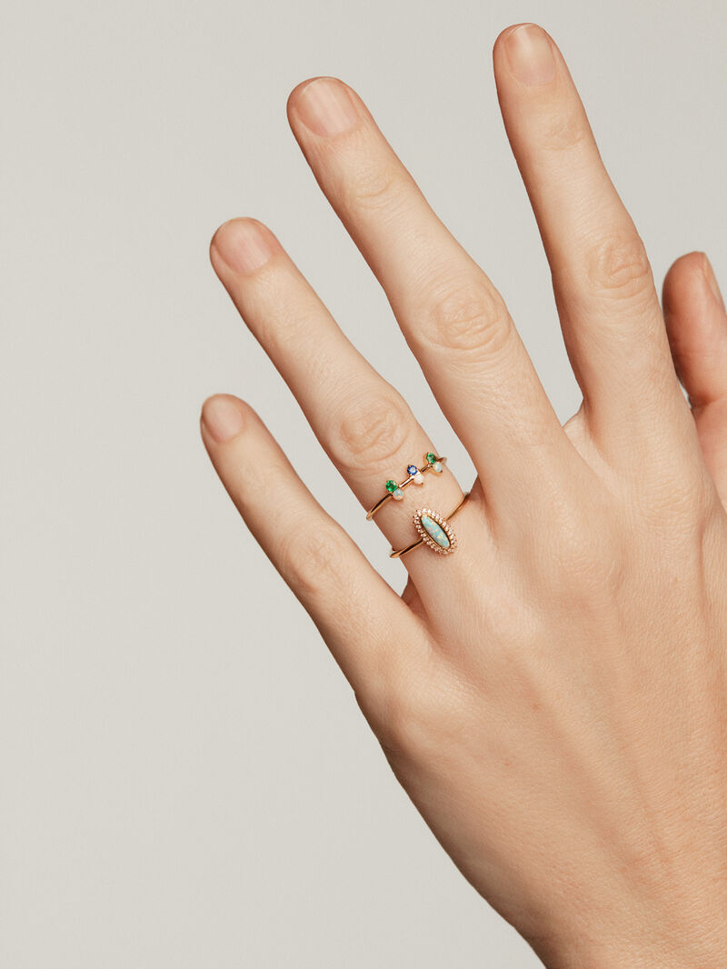 18K yellow gold ring with blue opal and white diamonds. image number 5