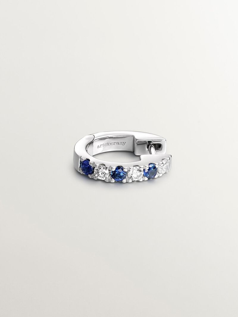 Individual small 9K white gold hoop earring with blue sapphires and diamonds image number 2