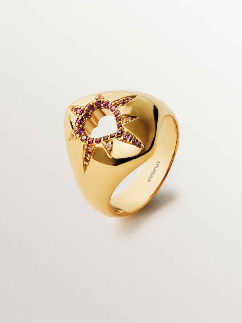18K yellow gold plated 925 silver ring with purple rhodolites, white topaz and heart shape image number 0