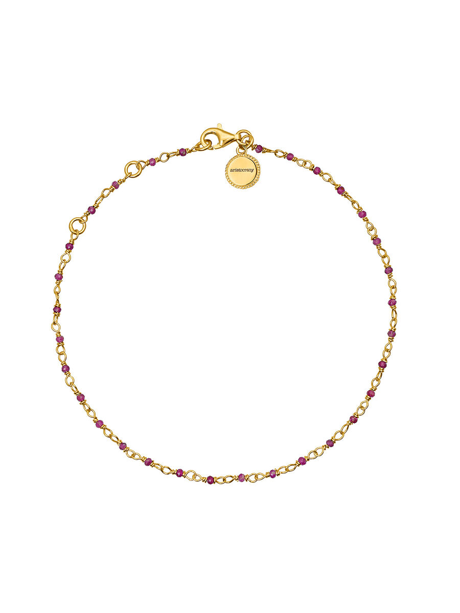 Ankle bracelet in 18k yellow gold-plated silver with pink ruby beads, J05108-02-RU, hi-res