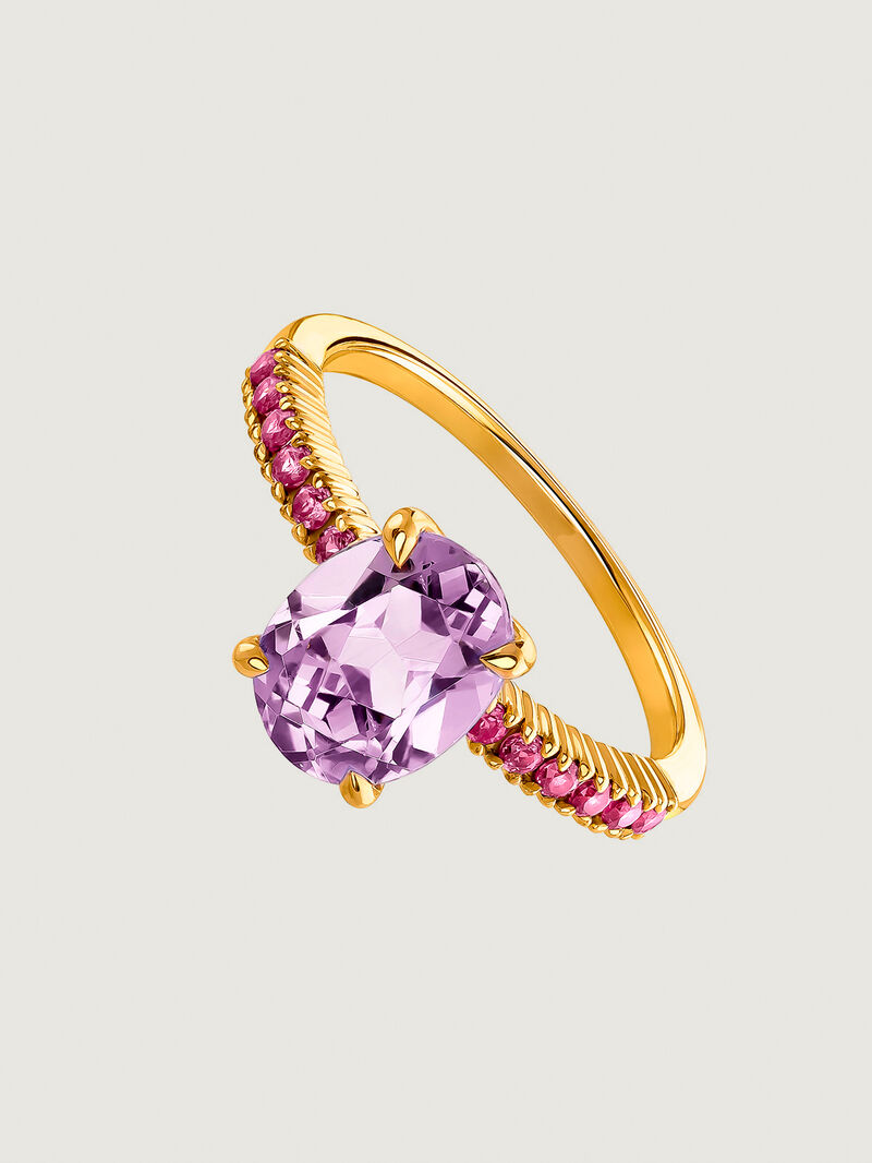 925 Silver ring bathed in 18K yellow gold with purple amethyst and pink rhodolites. image number 0