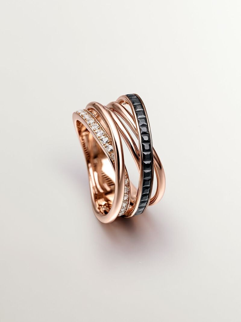 Multi-arm 925 silver ring bathed in 18K rose gold with white topaz and black spinel. image number 4