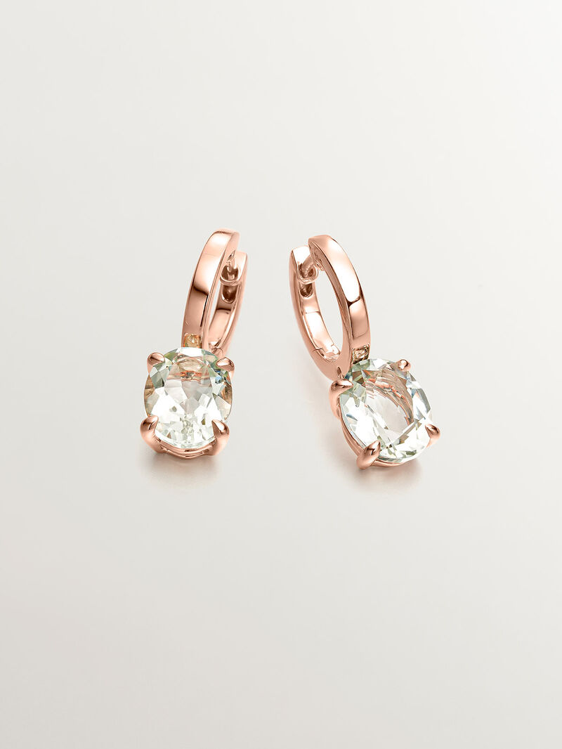 Medium-sized 925 silver hoop earrings bathed in 18K rose gold with green quartz. image number 0