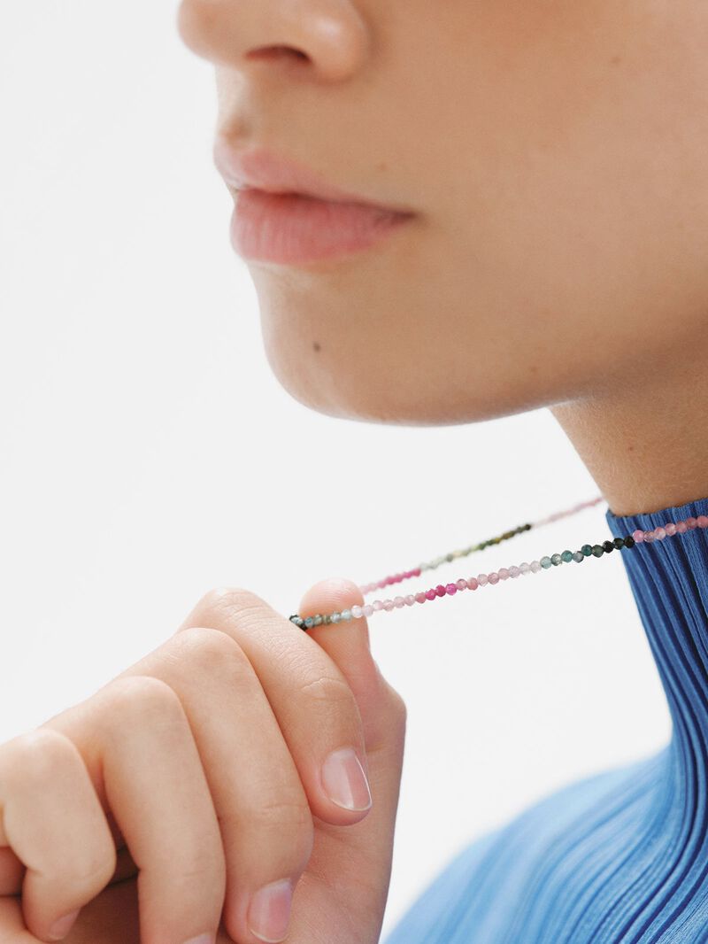 925 Silver necklace bathed in 18K yellow gold with multicolor tourmaline beads. image number 3