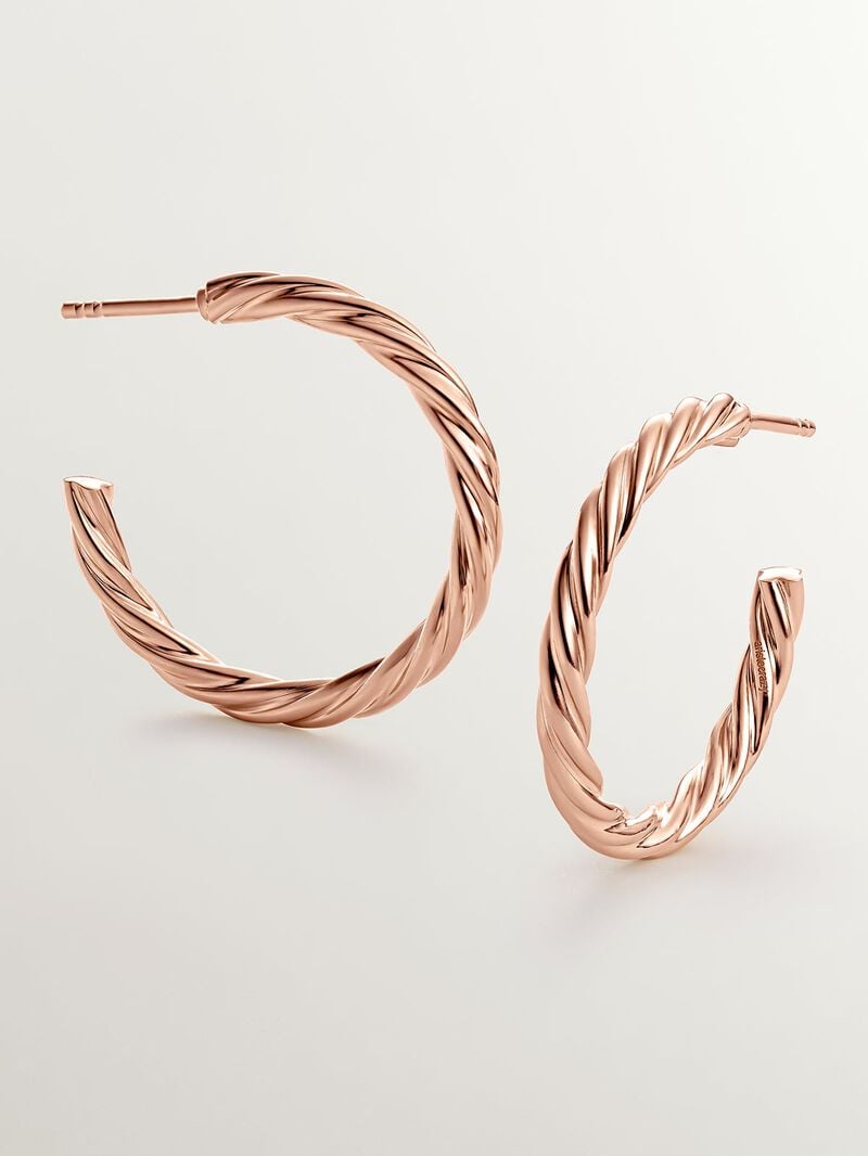 Large hoop earrings made of 925 silver dipped in 18K rose gold with galloned texture image number 0