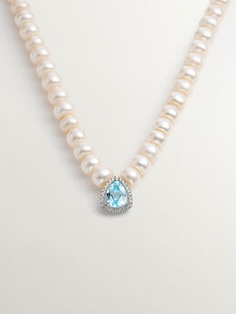 Pearl necklace with central blue trillion-cut topaz and brilliant-cut white topaz, J04921-01-SKY-WT-WP, mainproduct