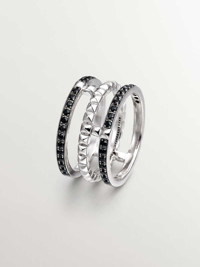 925 Silver triple ring with texture and black spinels image number 0