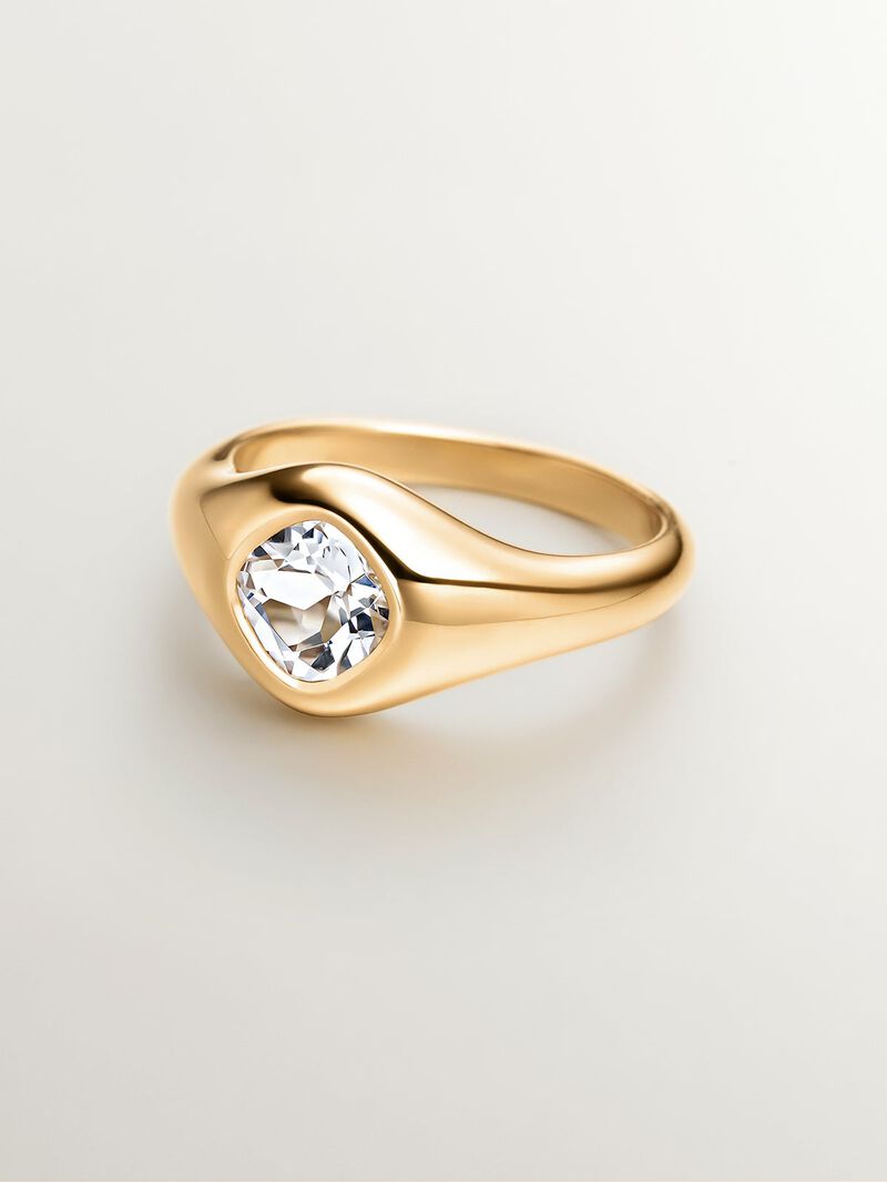 18K yellow gold plated 925 silver signet ring with white quartz image number 2