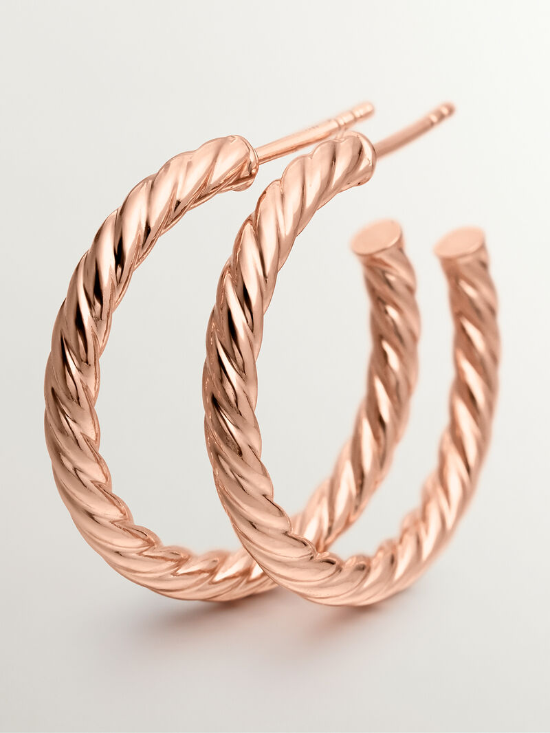 Large hoop earrings made of 925 silver dipped in 18K rose gold with galloned texture image number 4