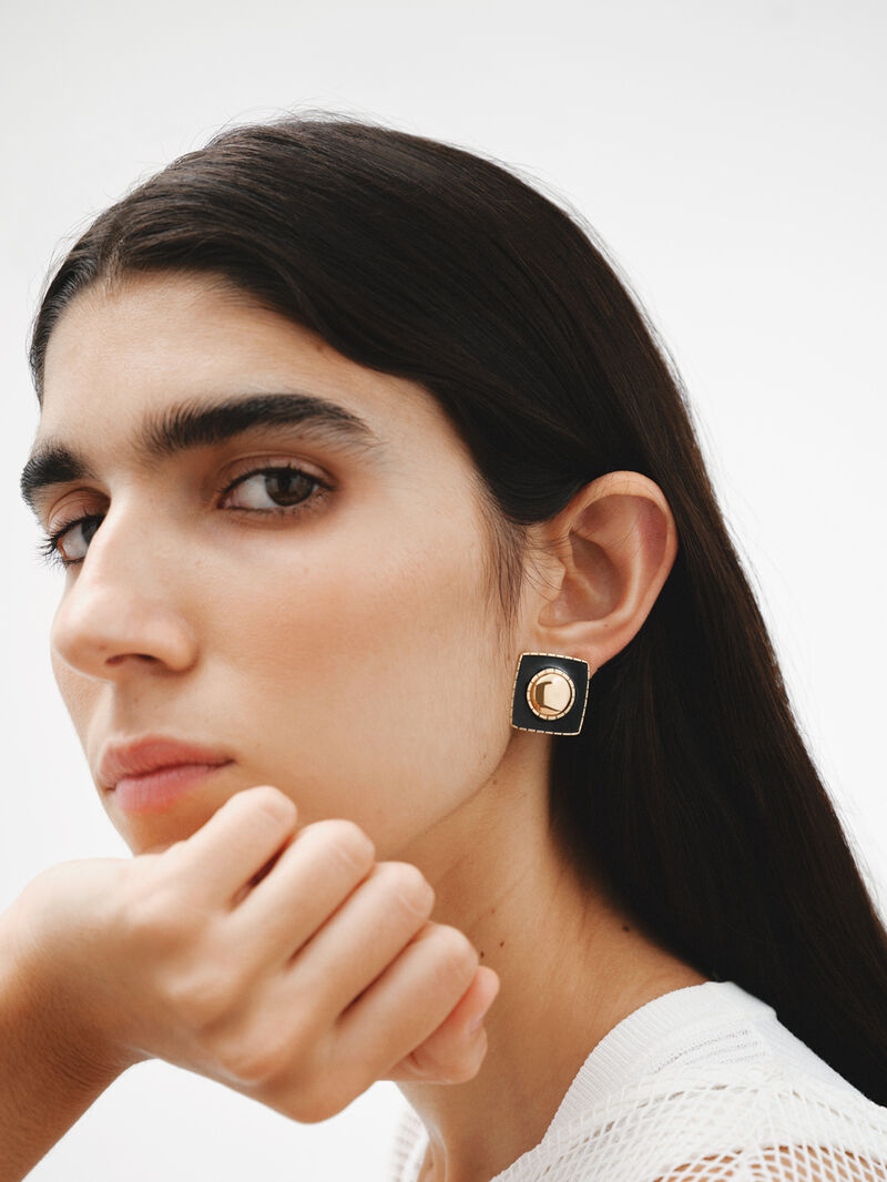 18K yellow gold plated 925 silver earrings with geometric shape and black enamel image number 1