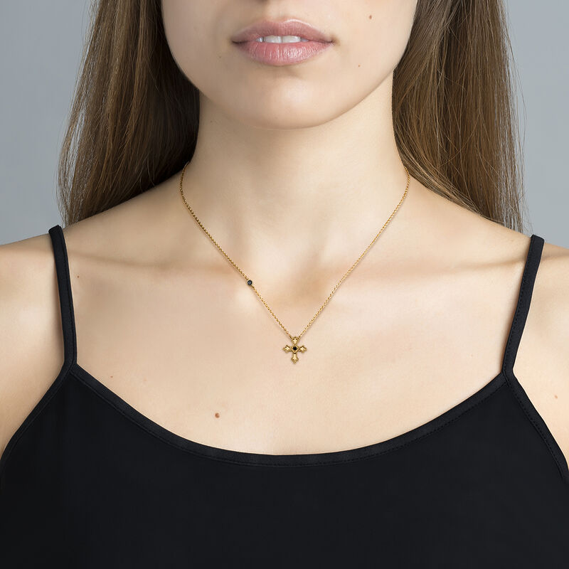 Gold plated small-size cross necklace with white spinel , J04230-02-BSN, hi-res
