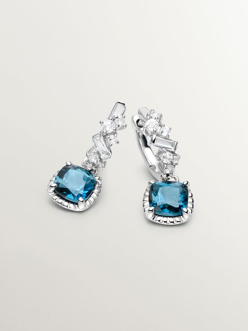 925 Silver hoop earrings with London blue and white topazes. image number 6