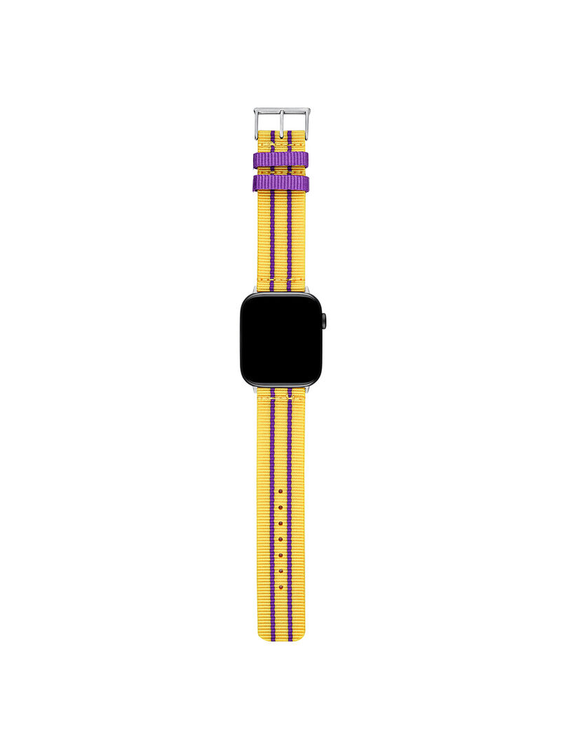 Nylon strap for Apple Watch with yellow and purple stripes. image number 7