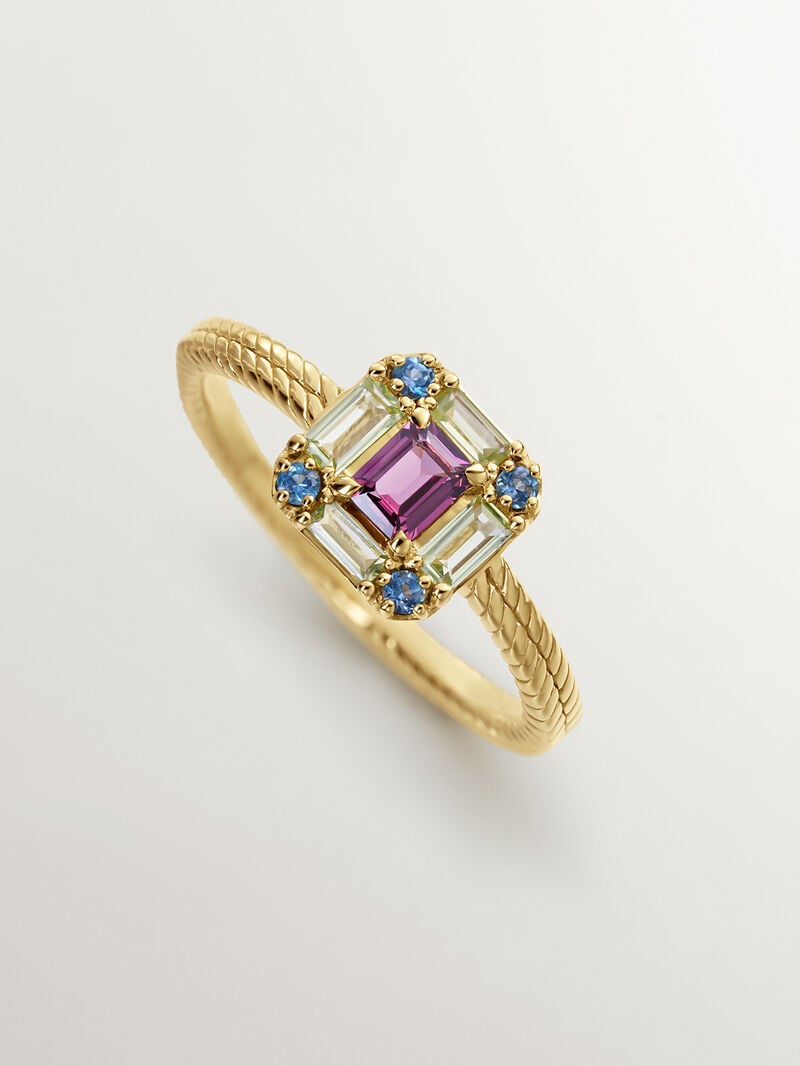 925 Silver ring bathed in 18K yellow gold with rhodolite, peridot, and topaz. image number 4