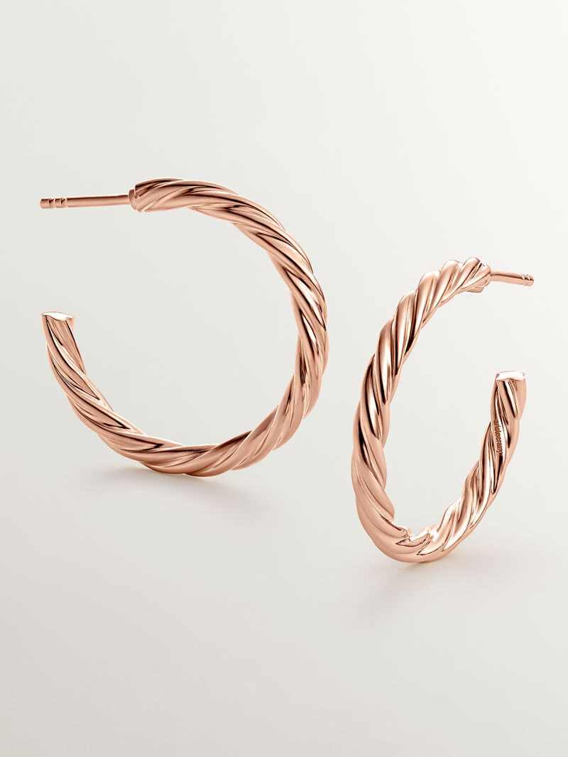 Large hoop earrings made of 925 silver dipped in 18K rose gold with galloned texture image number 0
