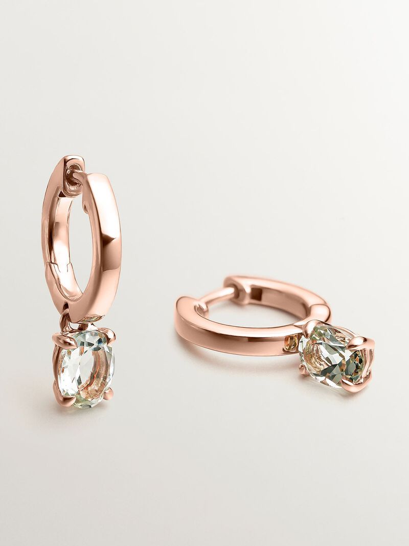 Small hoop earrings made of 925 silver, bathed in 18K rose gold with green quartz. image number 3