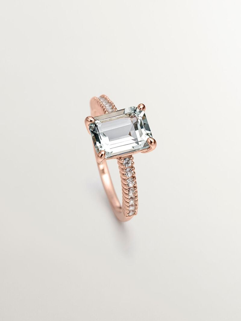 925 Silver ring bathed in 18K rose gold with green quartz and white topaz. image number 4