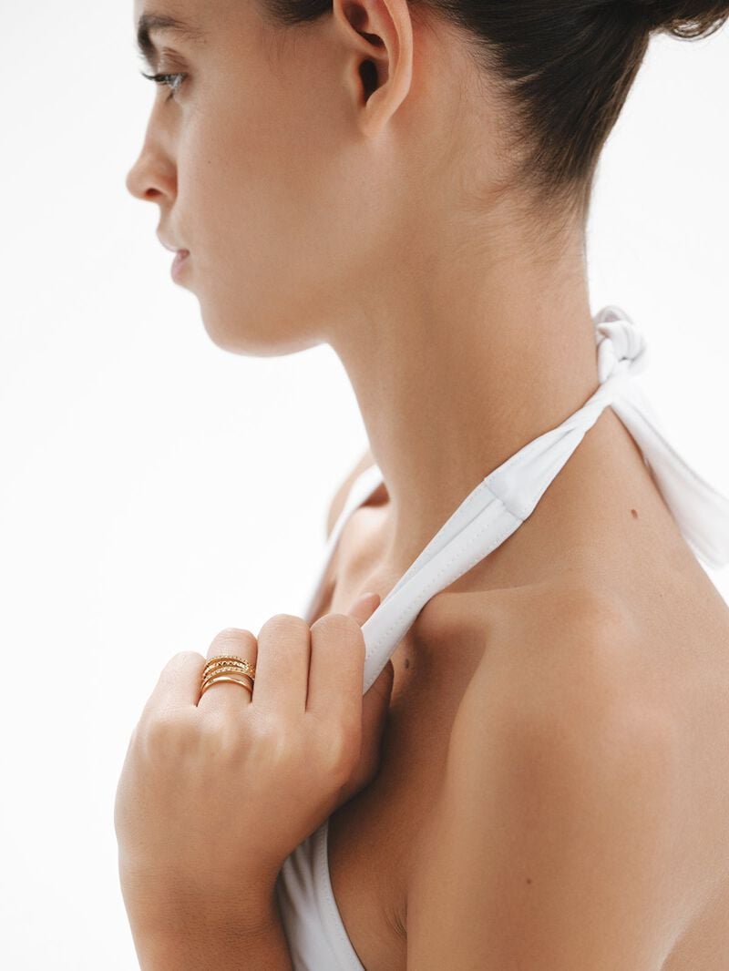 925 Silver multi-arm ring bathed in 18K yellow gold with relief and white topazes. image number 3