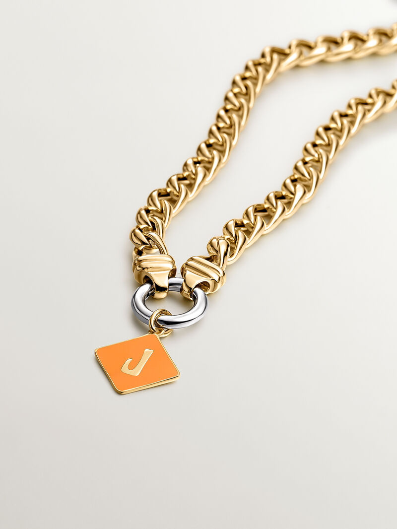 18K yellow gold plated 925 sterling silver charm with initial J and orange enamel in the shape of a diamond image number 2
