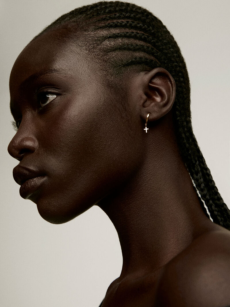 Small hoop earrings made of 925 silver, bathed in 18K yellow gold, with a cross. image number 1