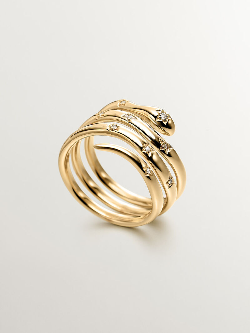 931 Silver triple ring bathed in 18K yellow gold with a snake shape and white topazes. image number 4