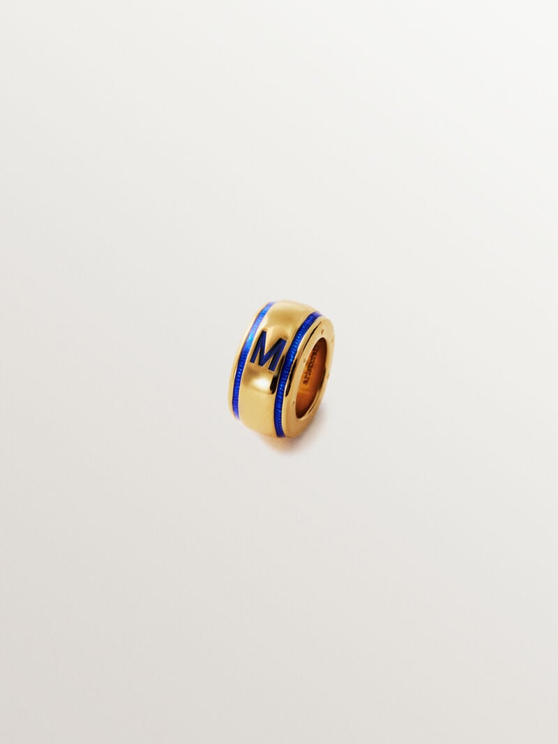 Charm with initial M made of 925 silver plated in 18K yellow gold and blue enamel in a circular shape image number 0