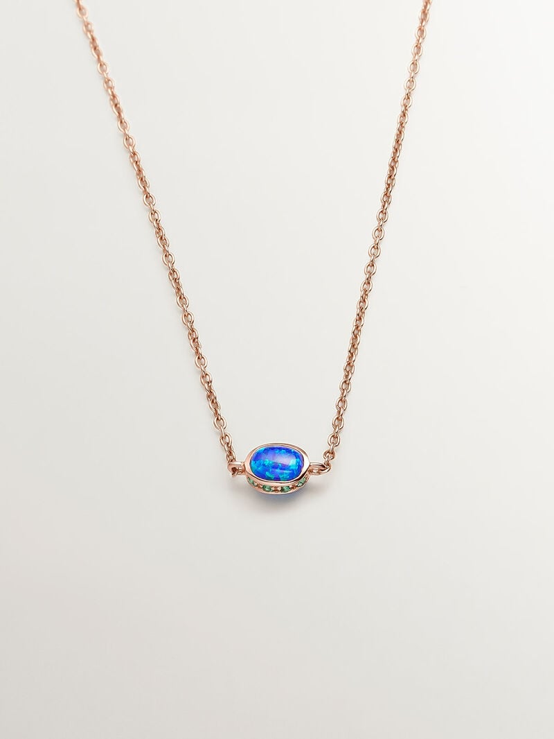 18K rose gold pendant with lab-grown blue opal and emeralds. image number 0