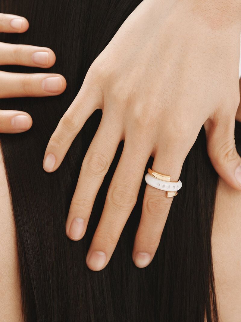 18K yellow gold plated 925 silver ring with white enamel and zircons suspended in resin image number 3