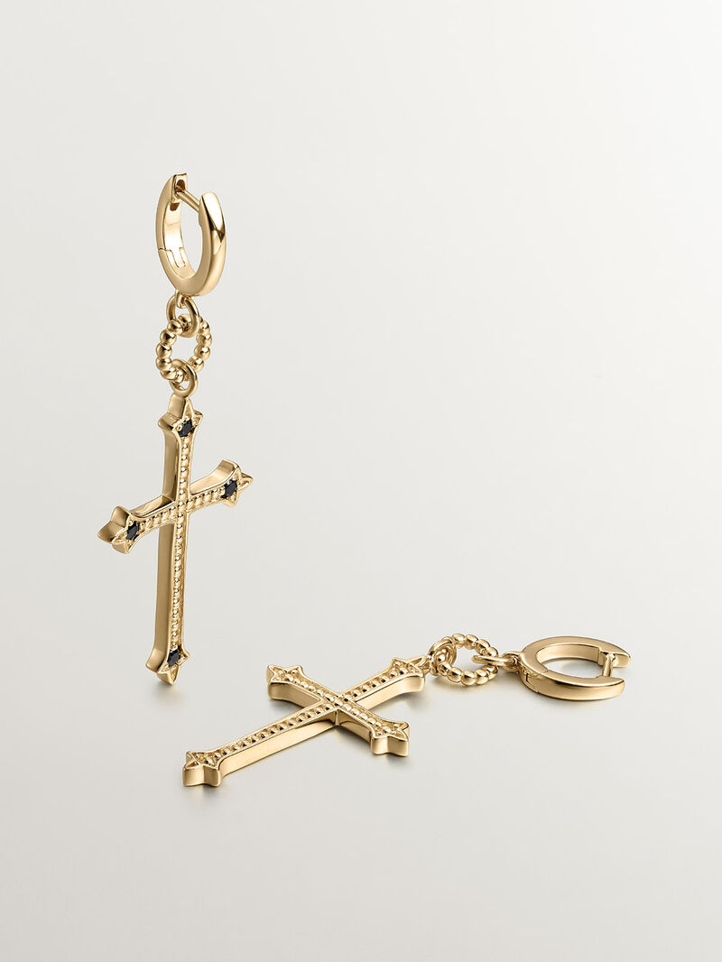 925 Silver hoop earrings bathed in 18K yellow gold with cross and black spinels image number 2