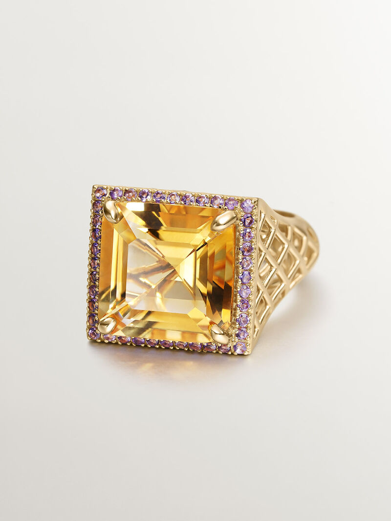 931 Silver ring bathed in 18K yellow gold with orange garnet and purple amethysts. image number 2